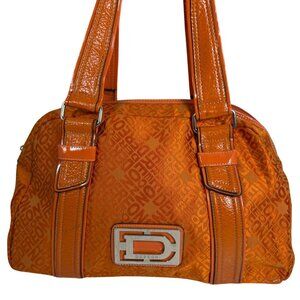 House Of Dereon Orange Logo Jacquard Satchel Patent Pleather Trim Double Handles